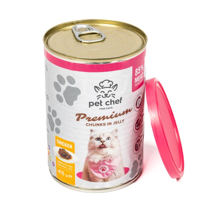 Корм влажный Pet Chef, Кусочки в желе для взрослых кошек, с курицей, 415 г