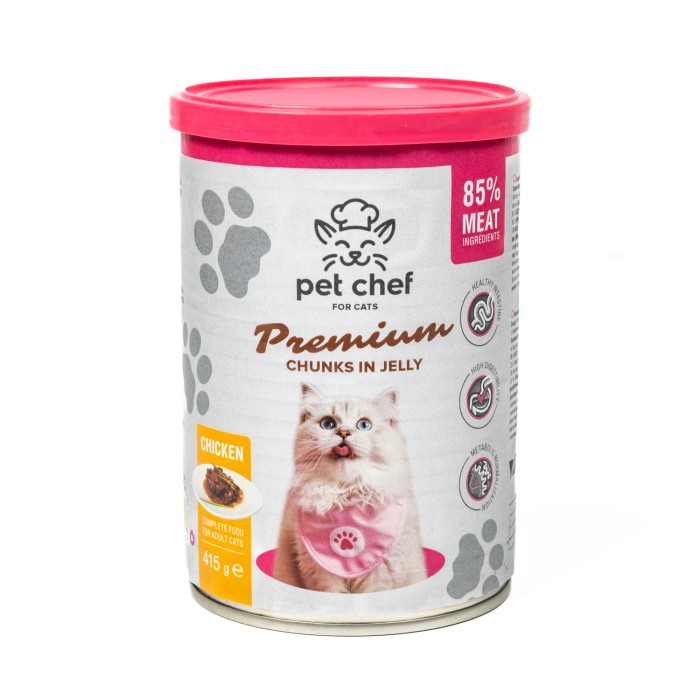 Корм влажный Pet Chef, Кусочки в желе для взрослых кошек, с курицей, 415 г