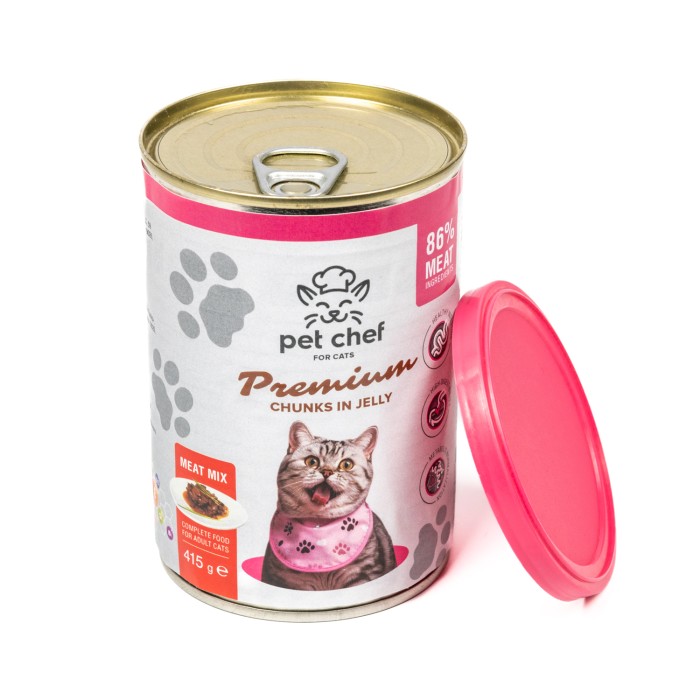 Корм влажный Pet Chef, Кусочки в желе для взрослых кошек, Мясной микс, 415 г