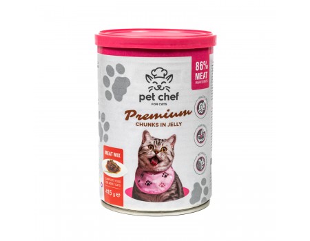 Корм вологий Pet Chef, Шматочки в желе для дорослих котів, М'ясний мікс, 415 г