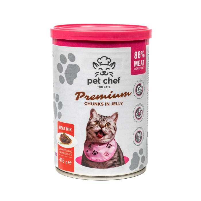 Корм влажный Pet Chef, Кусочки в желе для взрослых кошек, Мясной микс, 415 г