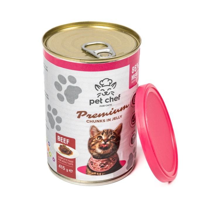 Корм вологий Pet Chef, Шматочки в желе для дорослих котів, з яловичиною, 415 г