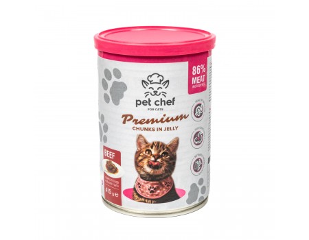 Корм вологий Pet Chef, Шматочки в желе для дорослих котів, з яловичиною, 415 г