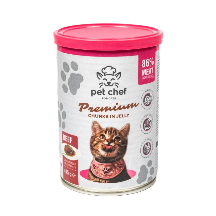 Корм вологий Pet Chef, Шматочки в желе для дорослих котів, з яловичиною, 415 г