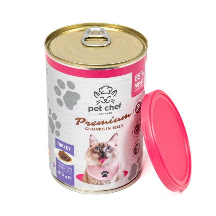 Корм вологий Pet Chef, Шматочки в желе для дорослих котів, з індичкою, 415 г