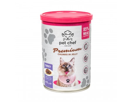 Корм вологий Pet Chef, Шматочки в желе для дорослих котів, з індичкою, 415 г
