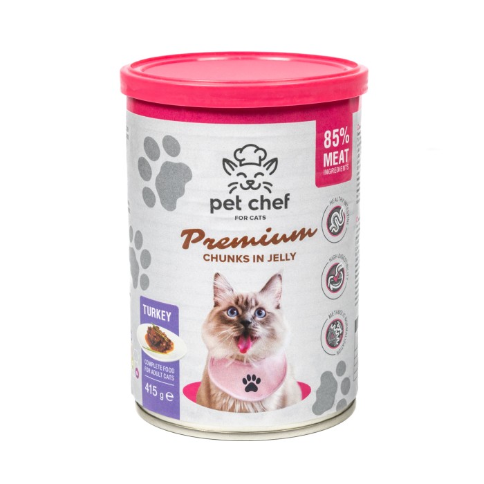 Корм вологий Pet Chef, Шматочки в желе для дорослих котів, з індичкою, 415 г