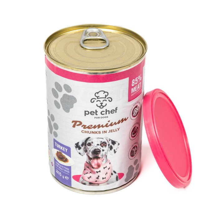 Корм вологий Pet Chef, Шматочки в желе для дорослих собак, з індичкою, 415 г