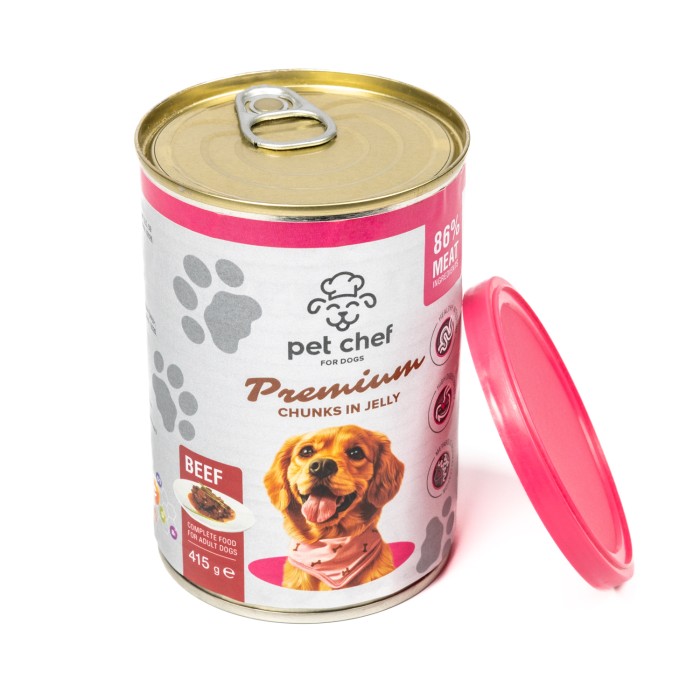 Корм вологий Pet Chef, Шматочки в желе для дорослих собак, з яловичиною, 415 г