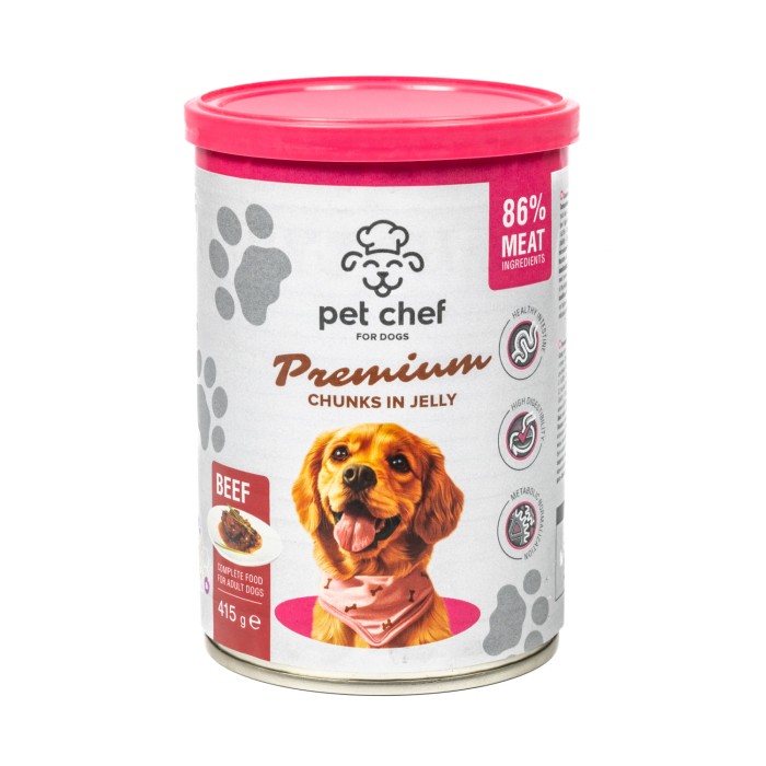 Корм вологий Pet Chef, Шматочки в желе для дорослих собак, з яловичиною, 415 г