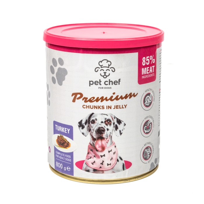 Корм вологий Pet Chef, Шматочки в желе для дорослих собак, з індичкою, 800 г