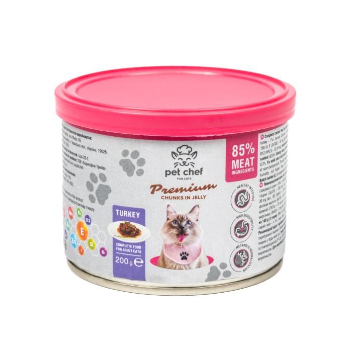 Корм вологий Pet Chef, Шматочки в желе для дорослих котів, з індичкою, 200 г