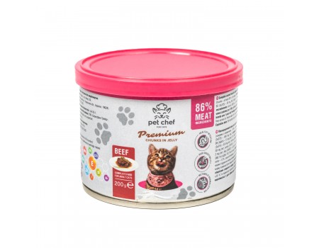 Корм вологий Pet Chef, Шматочки в желе для дорослих котів, з яловичиною, 200 г