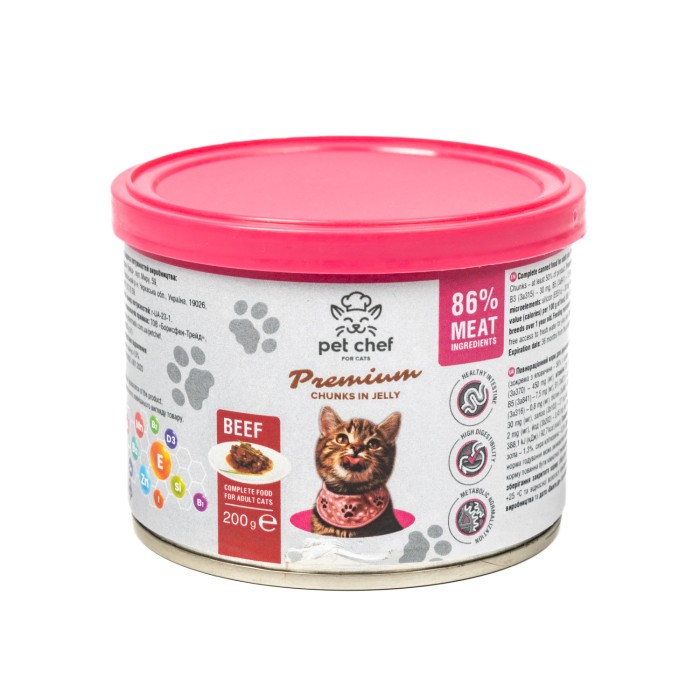 Корм влажный Pet Chef, Кусочки в желе для взрослых кошек, с говядиной, 200 г