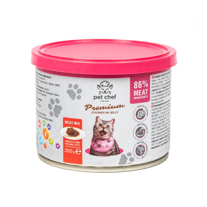 Корм вологий Pet Chef, Шматочки в желе для дорослих котів, М'ясний мікс, 200 г
