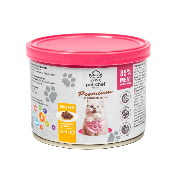 Корм вологий Pet Chef, Шматочки в желе для дорослих котів, з куркою, 200 г