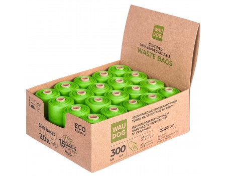 Біорозкладні пакети WAUDOG для прибирання за тваринами, МАКСІ, 22х33 см , уп. 20 рул (300 шт)