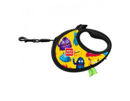 Повідець-рулетка WAUDOG R-leash з контейнером  "Мохнаті монстри" світловідбивна стрічка M до 20кг 5м