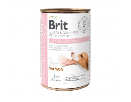 Влажный корм Brit GF VetDiet Hypoallergenic для собак с пищевой аллергией или непереносимостью, с лососем и горошком, 400 г