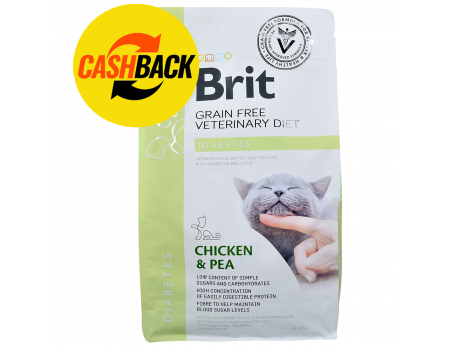 Brit GF Veterinary Diets Cat Diabets. Беззерновая диета при диабете. Курица и горох,  2 кг
