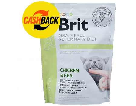 Brit GF Veterinary Diets Cat Diabets. Беззерновая диета при диабете. Курица и горох,  0.4 кг
