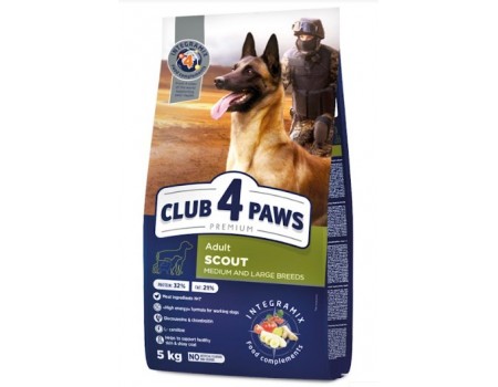 Club 4 Paws (Клуб 4 лапы) ПРЕМИУМ «СКАУТ». Полнорационный сухой корм для взрослых собак средних и больших пород, 5 кг