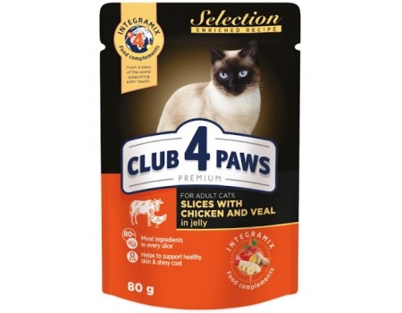 Club 4 Paws (Клуб 4 лапы) Премиум "Кусочки с курицей и телятиной в желе". Полнорационный консервированный корм для взрослых кошек, 0,08 кг