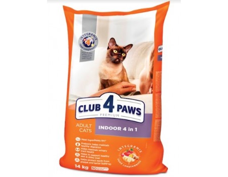 Club 4 Paws (Клуб 4 лапи) INDOOR ПРЕМІУМ повнораційний сухий корм для дорослих кішок "ЖИВЧИХ У ПРИМІЩЕННІ "4 В 1", 14 кг