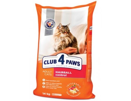 Club 4 Paws (Клуб 4 лапи) Преміум "З ефектом виведення вовни із травного тракту". Повнораційний сухий корм для дорослих кішок 14 кг