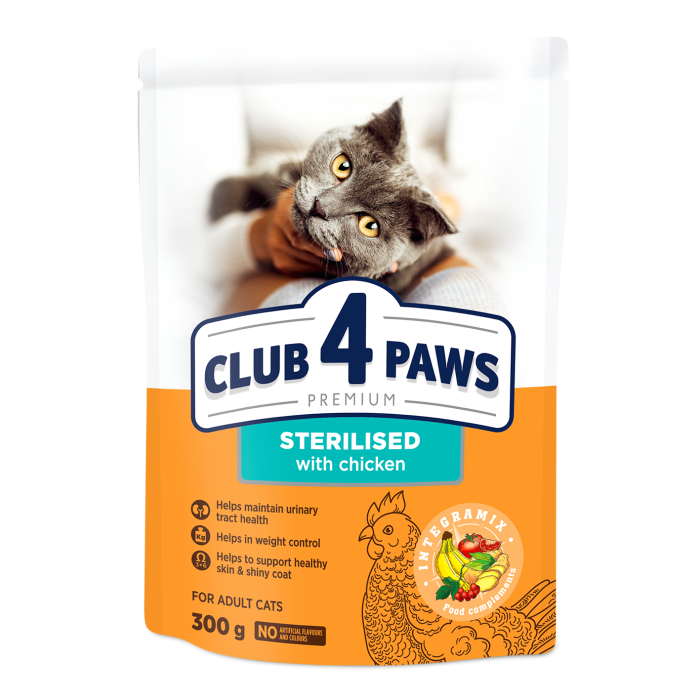 Сухой корм Club 4 Paws (Клуб 4 лапы) ПРЕМИУМ Sterilised Chicken, для стерилизованных кошек, с курицей, 300 г