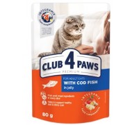 Влажный корм Клуб 4 Лапы Premium для кошек, с треской в желе, 80 г..