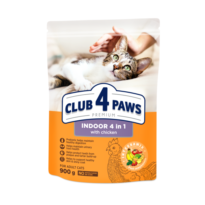 Сухой корм Club 4 Paws (Клуб 4 лапы) INDOOR "4 В 1" ПРЕМИУМ, для взрослых кошек, живущих в помещении, 900 г