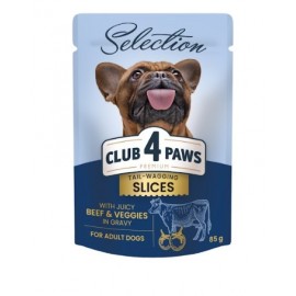 CLUB 4 PAWS Премиум Плюс "Кусочки с говядиной и овощами в соусе". Полнорационный консервированный корм для взрослых собак малых пород, 0,085 кг