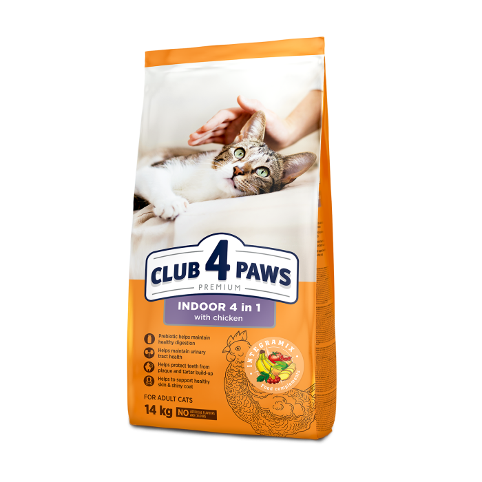 Сухой корм Club 4 Paws (Клуб 4 лапы) INDOOR "4 В 1" ПРЕМИУМ, для взрослых кошек, живущих в помещении, 14 кг