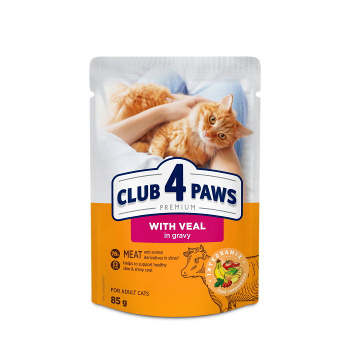 Вологий корм Club 4 Paws (Клуб 4 лапи) Premium, для дорослих котів, з телятиною в соусі, 85 г