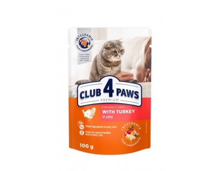 Влажный корм Club 4 Paws (Клуб 4 лапы) Premium, для взрослых кошек, с индейкой в желе, 100 г