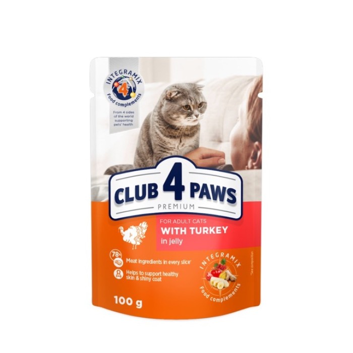 Вологий корм Club 4 Paws (Клуб 4 лапи) Premium, для дорослих котів, з індичкою в желе, 100 г