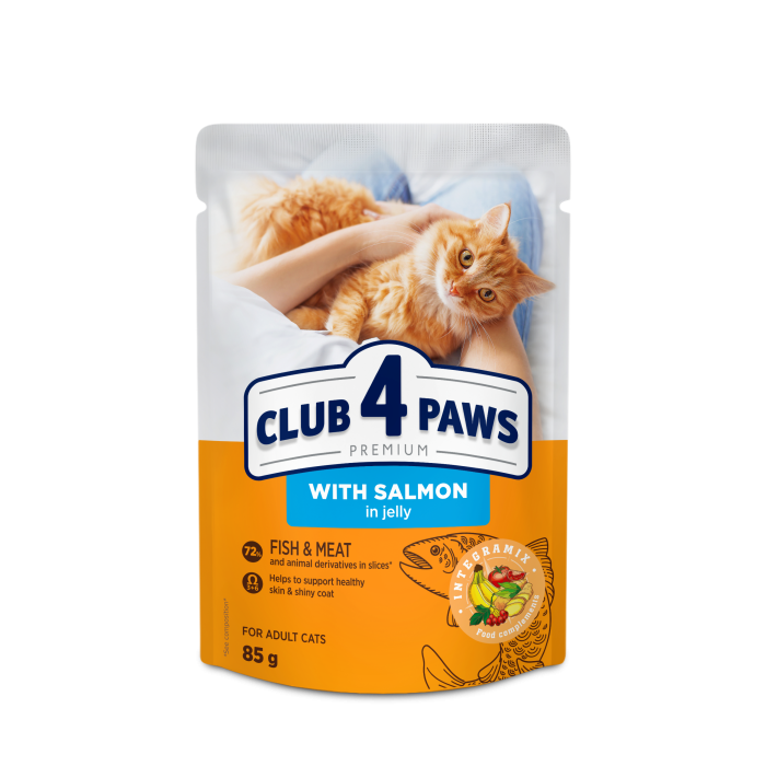 Вологий корм Club 4 Paws (Клуб 4 лапи) Premium, для дорослих котів, із лососем у желе, 85 г