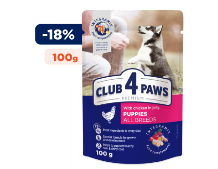 Club 4 Paws (Клуб 4 лапи) Преміум для цуценят "З куркою в желе". Повнораційний консервований корм, 0,1 кг