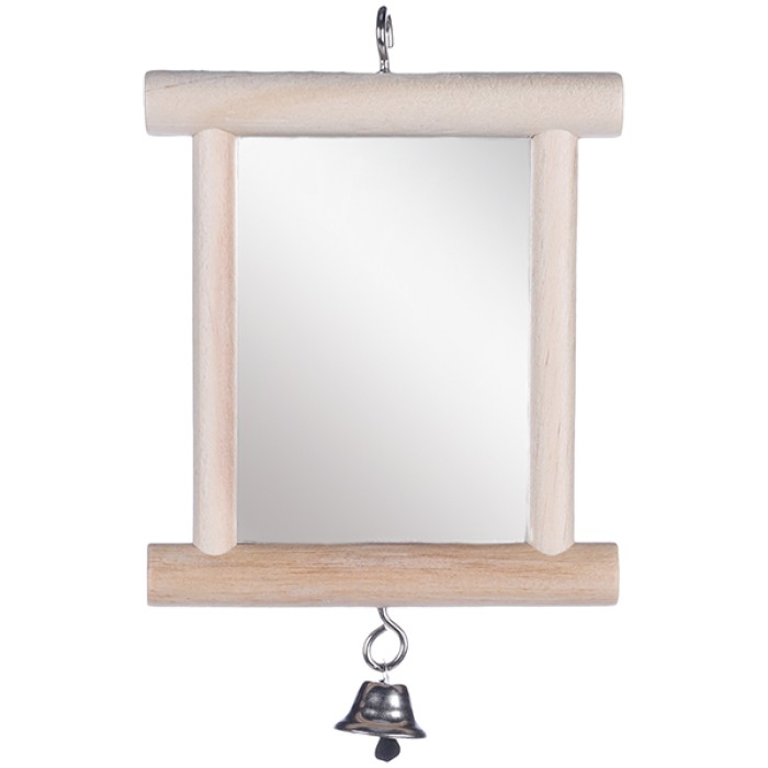 Flamingo  Wooden Mirror ФЛАМИНГО игрушка для птиц, аксессуар в клетку зеркало в деревянной раме с колокольчиком, 13х10 см.