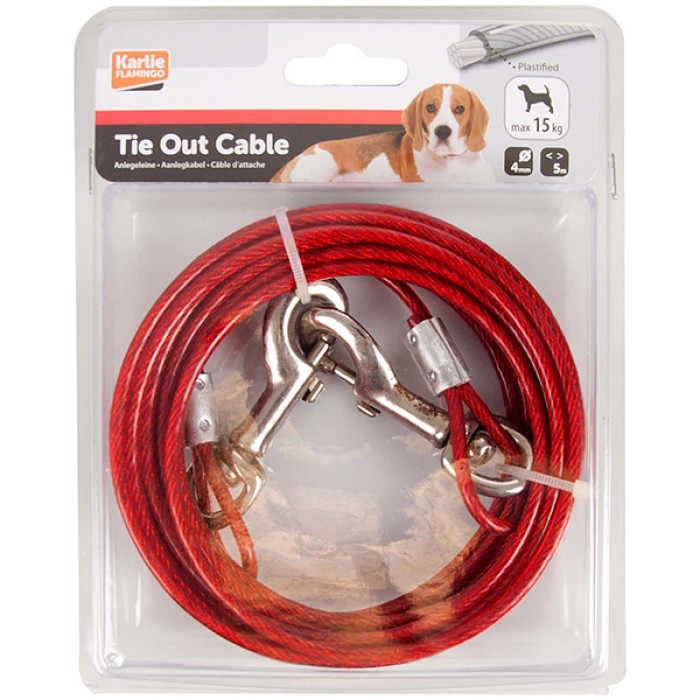 Повідець для собак до 15 кг Flamingo  Tie Out Cable, металевий трос у пластиковому обплетенні та карабінами, d=4 мм, L=5 м .