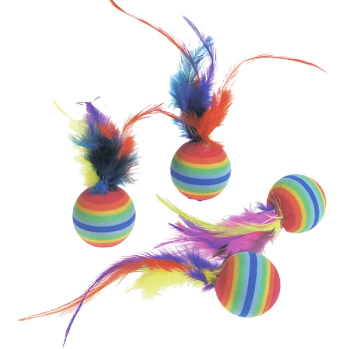 Flamingo  (ФЛАМІНГО) RAINBOW BALLS яскрава іграшка для кішок, м'яч з пір'ям, гума, 3см, 4 од.