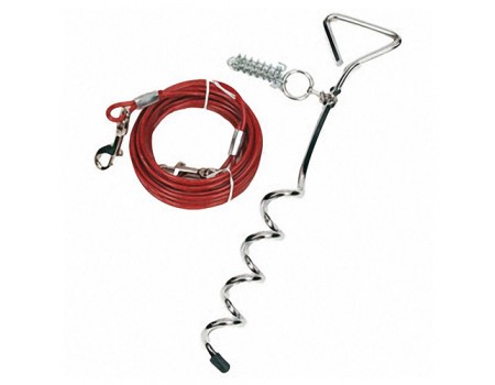 Karlie-Flamingo Tie Out Cable КАРЛИ-ФЛАМИНГО поводок для собак до 15 кг, металлический трос в пластиковой оплетке и карабинами, кол 43 см, 3 м поводок .