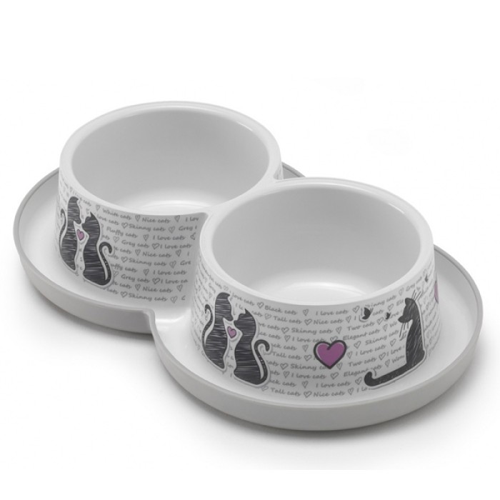 Миска для котівModerna Double Trendy Dinner Cats in Love, подвійна, пластик, світло-сірий, 2х350мл, d10см