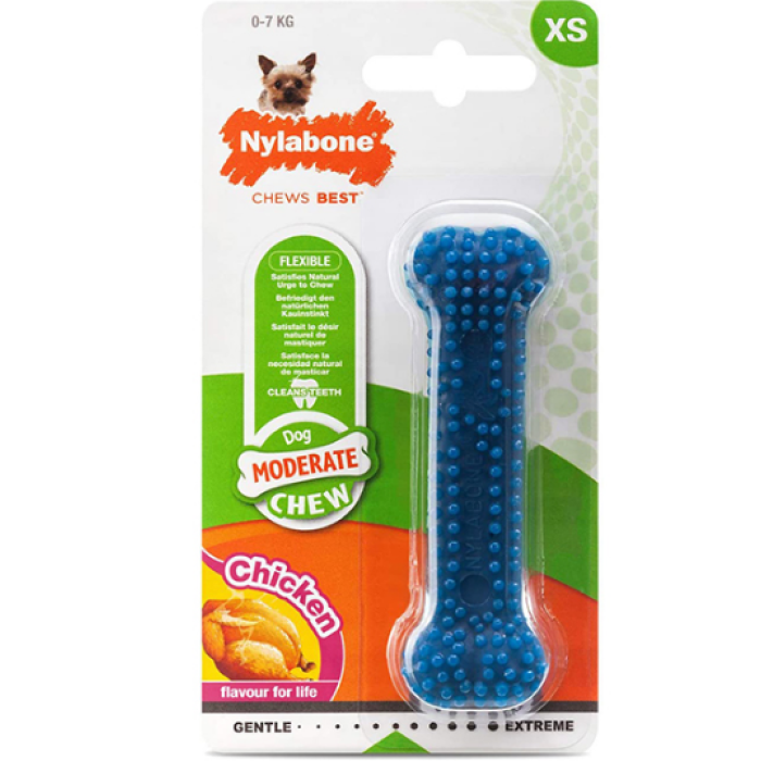 Nylabone Moderate Chew Dental Bone НИЛАБОН ДЕНТАЛ БОУН жевательная игрушка кость для собак, вкус курицы, XS, до 7 кг, 9.5х2.5х1.9 см