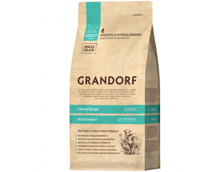 Grandorf Living Probiotics 4 MEAT and BROWN RICE INDOOR - Грандорф Сухой корм 4 вида мяса Индор для взрослых кошек  0,4 кг