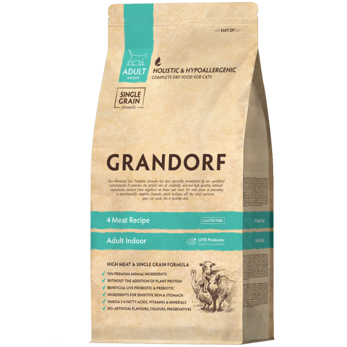 Grandorf Living Probiotics 4 MEAT and BROWN RICE INDOOR - Грандорф Сухий корм 4 види м'яса Індор для дорослих кішок 0,4 кг