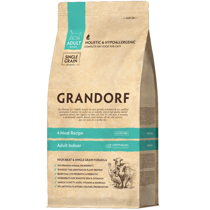 Grandorf Living Probiotics 4 MEAT and BROWN RICE INDOOR - Грандорф Сухий корм 4 види м'яса Індор для дорослих кішок 2 кг