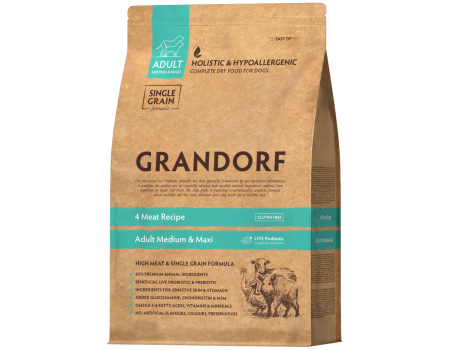 Grandorf DOG ADULT MEDIUM & MAXI 4 MEAT RECIPE - Грандорф Сухий корм для дорослих собак з пробіотиками 4 види м'яса 3 кг