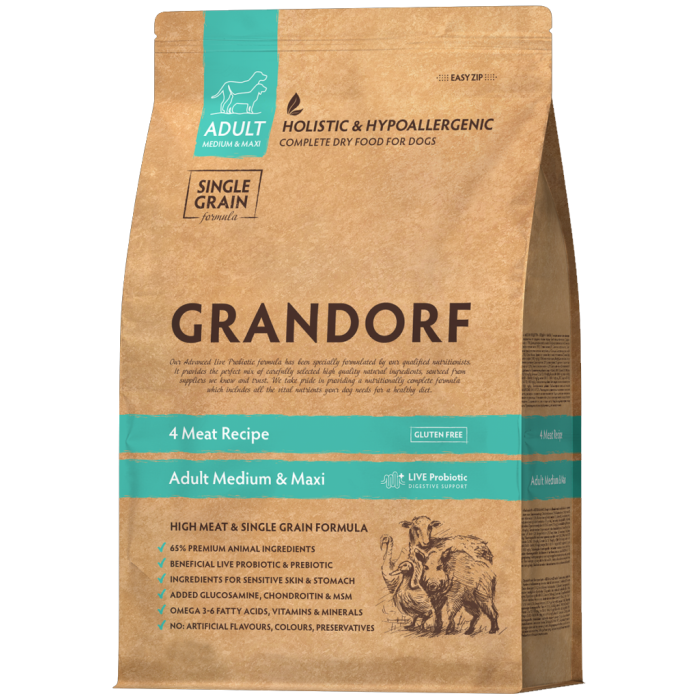 Grandorf DOG ADULT MEDIUM & MAXI 4 MEAT RECIPE - Грандорф Сухий корм для дорослих собак з пробіотиками 4 види м'яса 3 кг